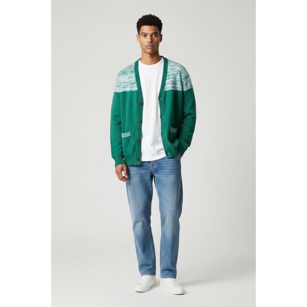 Levi's Vintage Cardigan Mens Large Green Marled Colorblock V-Neck Pockets